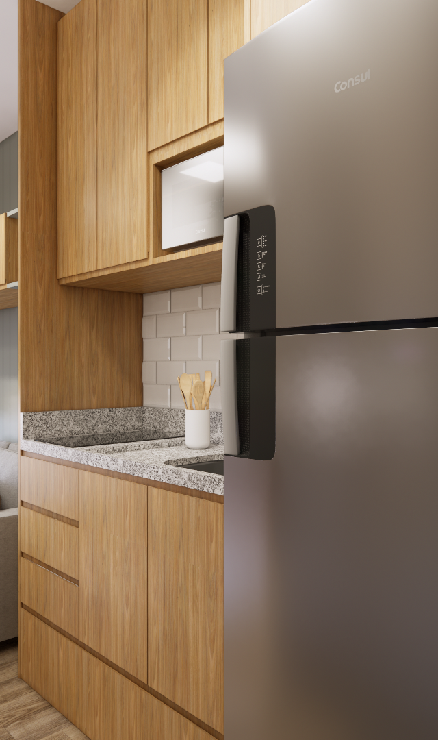 Render 3D de cozinha e sala integradas com marcenaria em madeira, geladeira inox, bancada em granito e sofá cinza
