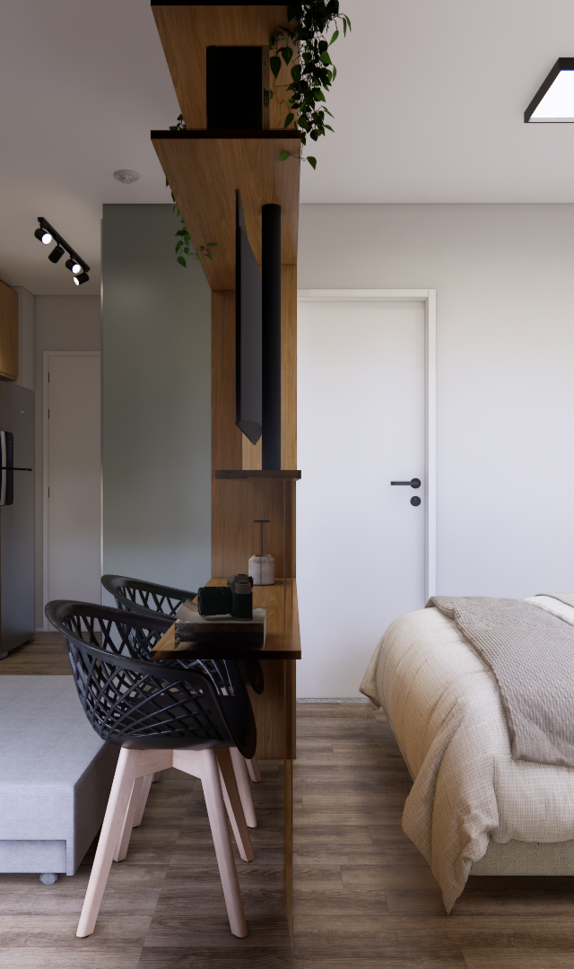 Render 3D de estúdio de 28m² com cozinha, sofá-cama cinza, mesa, marcenaria em madeira e parede em tom verde seco