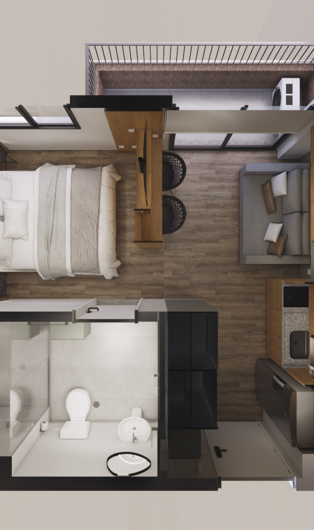 Planta baixa 3D de apartamento de 28m² com dormitório, sala, cozinha integrada, varanda e banheiro em tons neutros e madeira