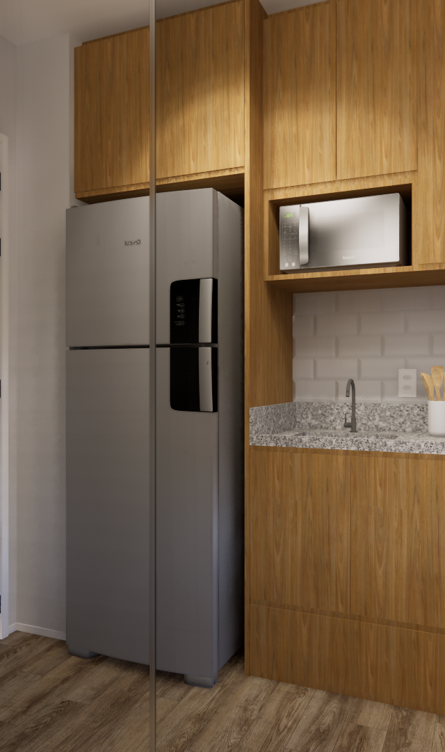 Render 3D de estúdio com marcenaria em tom madeira, cozinha compacta com bancada em granito e quarto integrado ao fundo