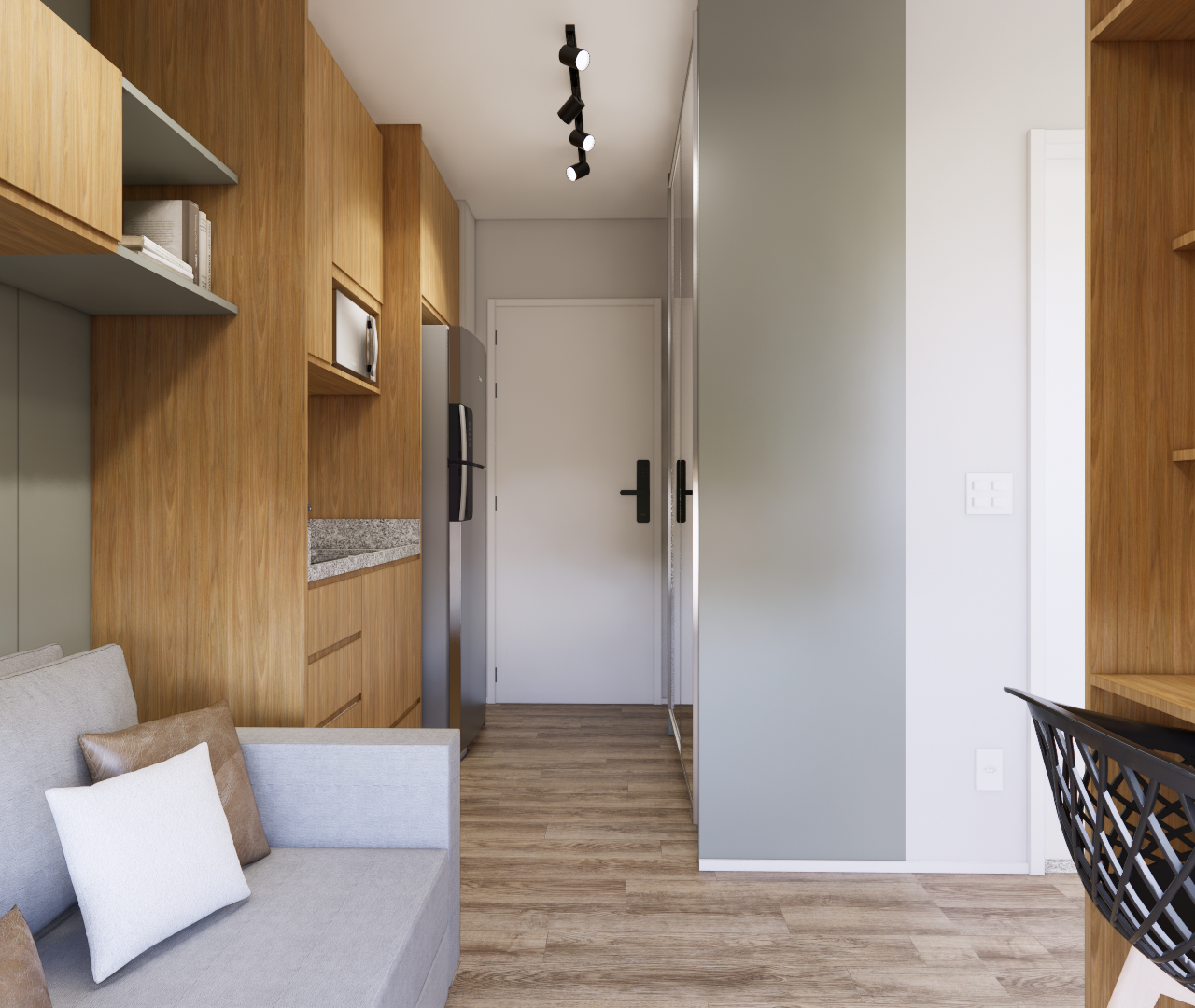 Render 3D de sala e cozinha compactas em tons de madeira e cinza, com sofá, marcenaria planejada, mesa e iluminação em trilho