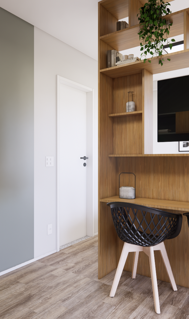 Render 3D de sala compacta com estante de madeira, TV, bancada, cadeiras pretas, espelho e iluminação em trilho