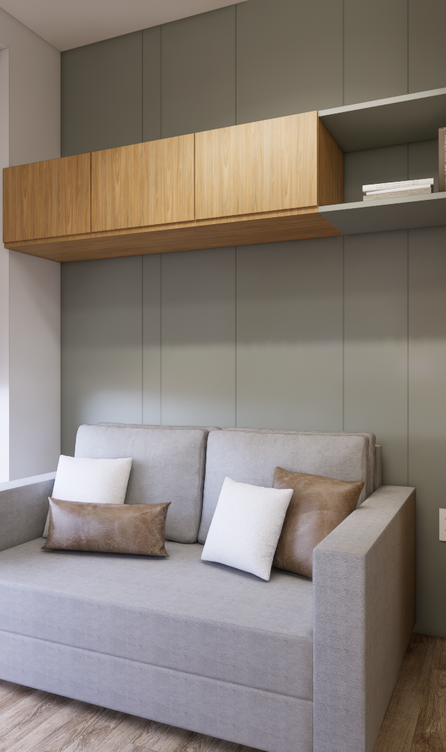 Render 3D de sala e cozinha integrada com sofá cinza, marcenaria em tom madeira e parede verde, piso amadeirado e varanda