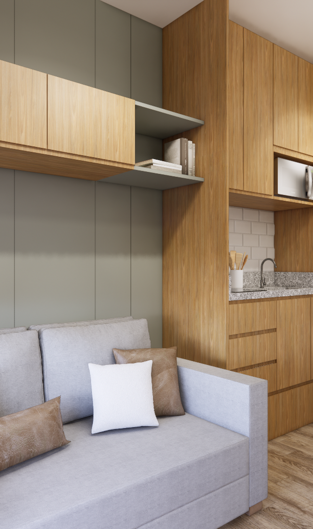 Render 3D de sala e cozinha integradas, marcenaria em madeira, sofá cinza, parede verde e piso amadeirado na Liberdade-SP