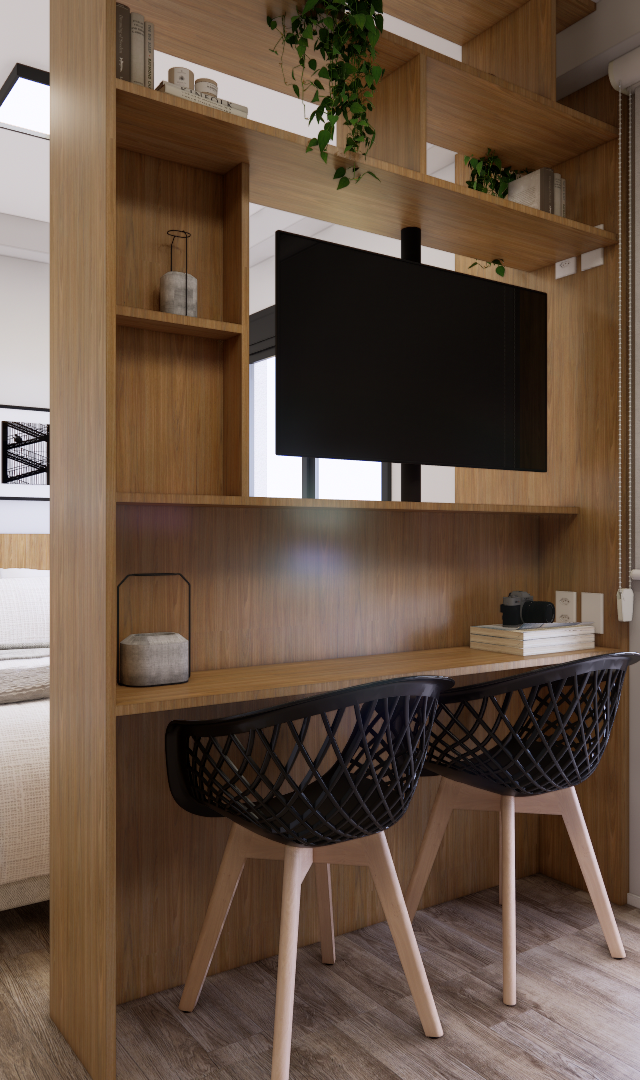 Render 3D de estúdio com marcenaria em madeira, mesa integrada à estante com TV, cadeiras pretas e cama de casal aconchegante