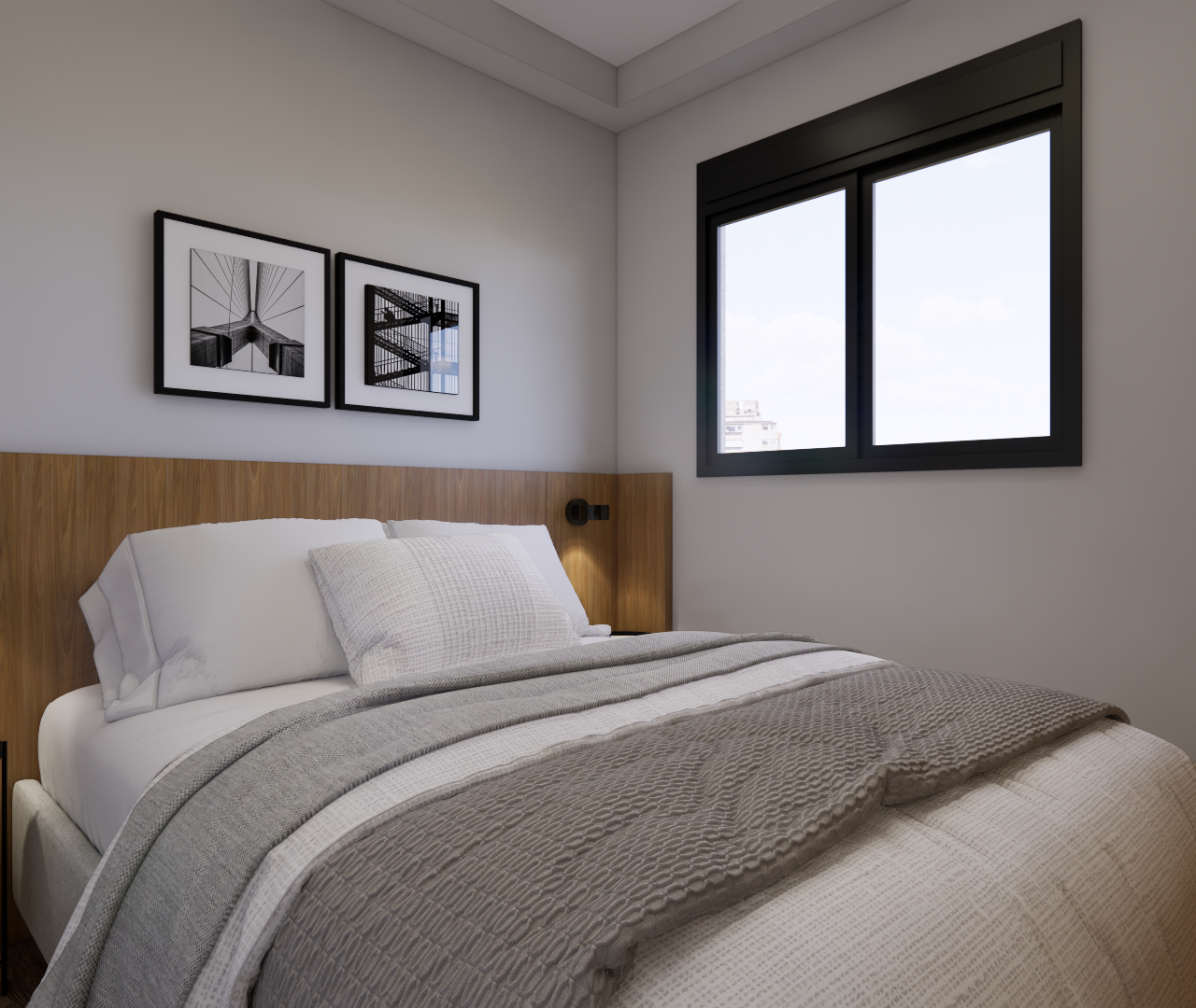 Render 3D de quarto compacto com cama, painel amadeirado, quadros em preto e branco e iluminação quente de arandelas