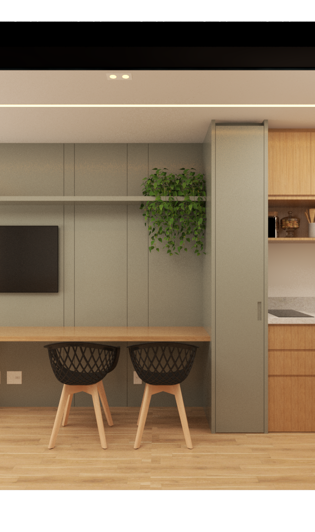 Render 3D de estúdio com marcenaria em tons de madeira e verde, mesa, cadeiras pretas, cozinha compacta e iluminação LED