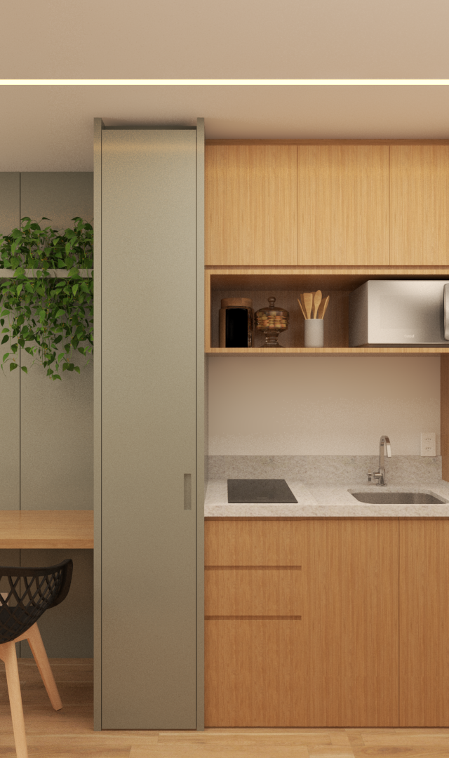 Render 3D de cozinha compacta e escritório com marcenaria em tons de madeira e cinza, bancada e cadeiras pretas e iluminação