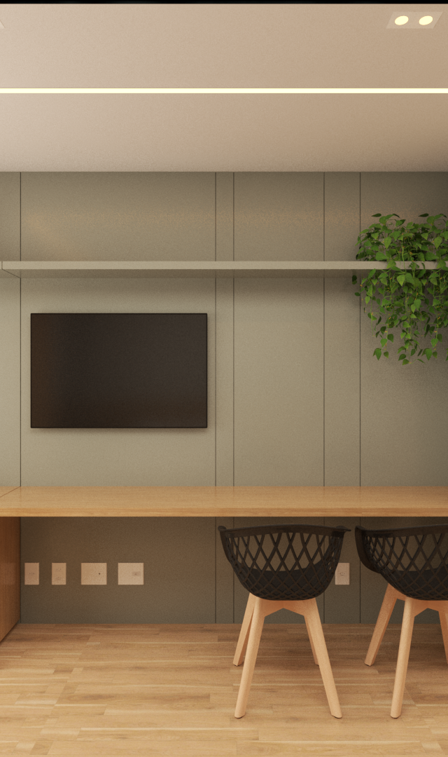 Render 3D de sala e cozinha integrada com marcenaria em madeira e painel verde, bancada de trabalho e cadeiras pretas