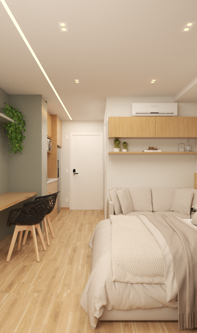 Render 3D de estúdio RM Modern Estação Butantã com tons neutros, madeira, parede verde, iluminação em fita e cama casal
