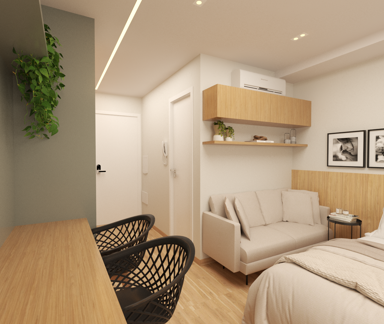 Render 3D de estúdio com cama, sofá bege, marcenaria em madeira clara, cadeiras pretas e iluminação embutida moderna