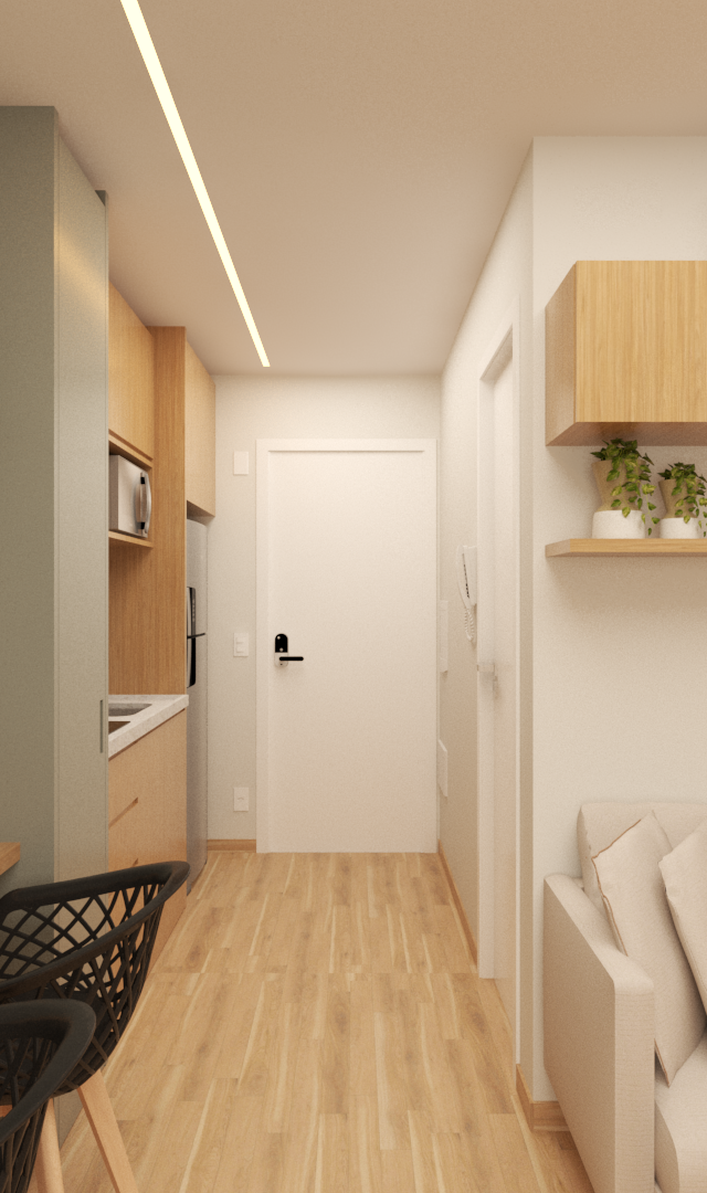 Render 3D de sala e cozinha integrada, tons claros, marcenaria em madeira, parede cinza, iluminação linear e sofá bege