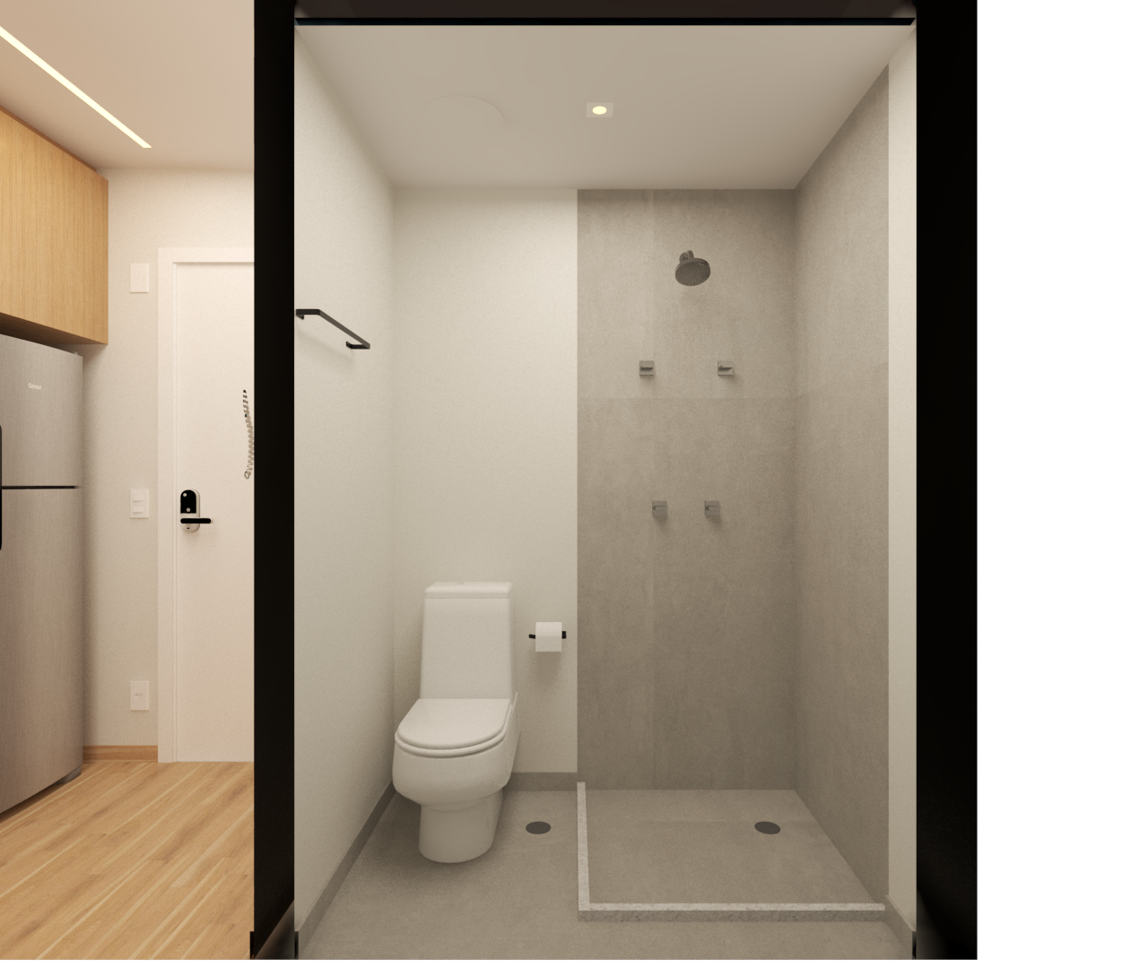 Render 3D de banheiro compacto com revestimento cinza e marcenaria amadeirada na cozinha integrada, iluminação neutra