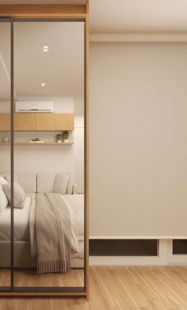 Render 3D de quarto RM MODERN ESTAÇÃO BUTANTÃ com cama, marcenaria em madeira clara, espelho e iluminação suave