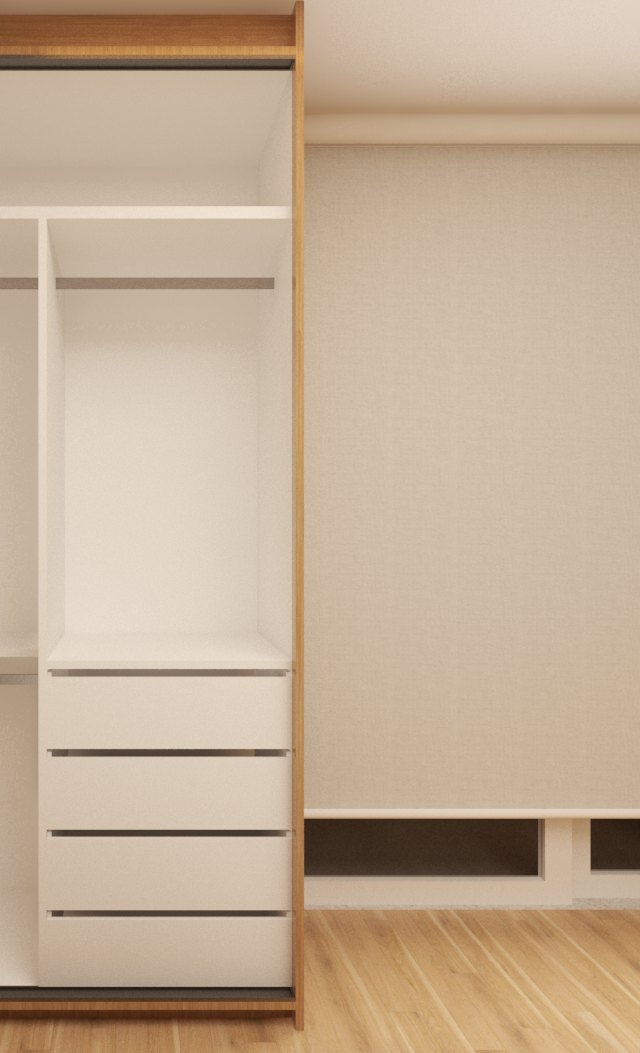 Render 3D de closet aberto com estrutura em madeira clara e interior branco, ao lado de parede bege e piso amadeirado