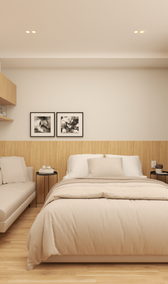 Render 3D de dormitório com cama, sofá bege, marcenaria em madeira clara, guarda-roupa espelhado e iluminação quente
