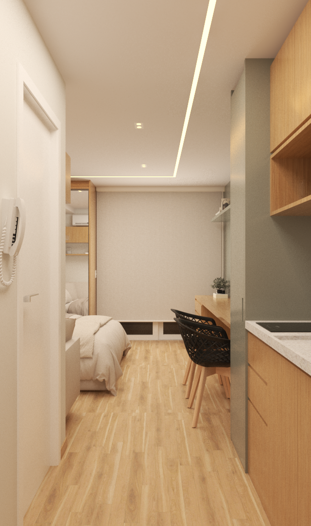 Render 3D de estúdio com marcenaria em tom madeira, cozinha linear, geladeira inox, piso amadeirado e iluminação linear