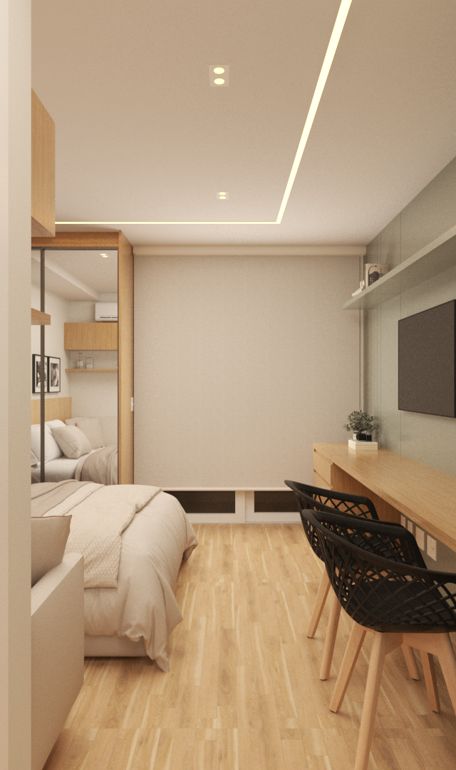 Render 3D de estúdio em tons neutros, marcenaria em madeira clara, bancada com cadeiras pretas e iluminação embutida no teto