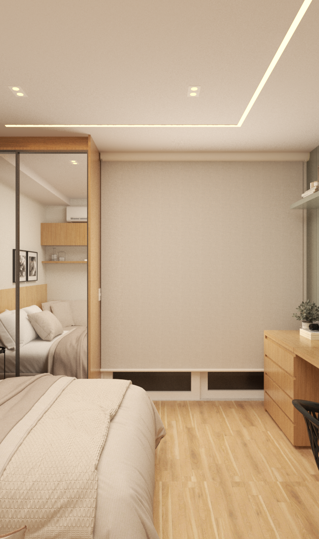 Render 3D de quarto RM - Modern Estação Butantã com cama, armário espelhado, mesa de madeira, tons neutros e iluminação led
