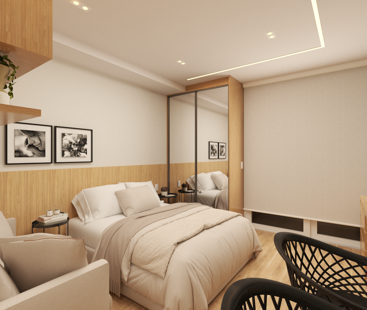 Render 3D de quarto moderno com marcenaria em tons de madeira, cama, armário com portas espelhadas e iluminação indireta