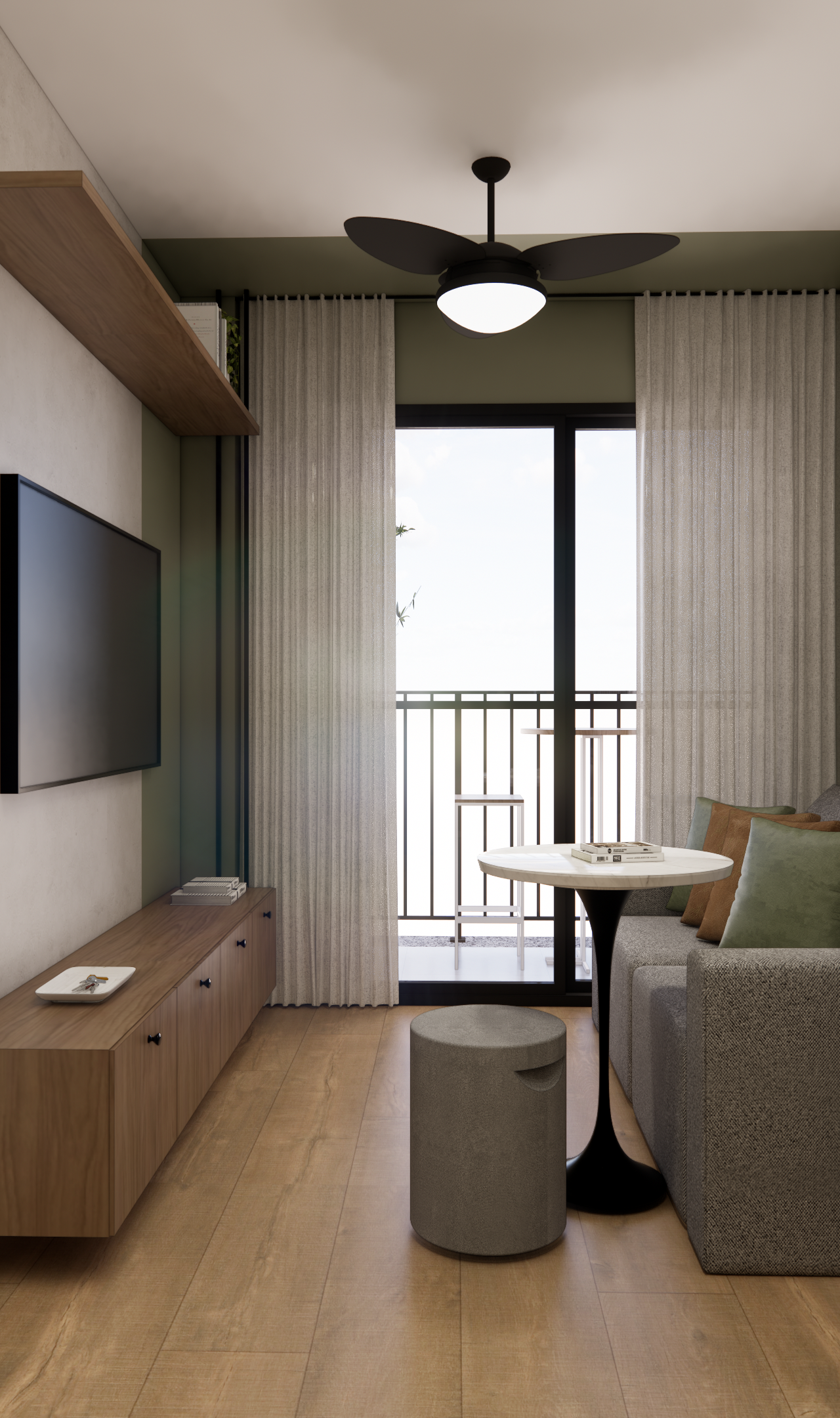 Cama diante de televisão na parede, armário amadeirado com módulo aberto e nicho superior para objetos de uso cotidiano.