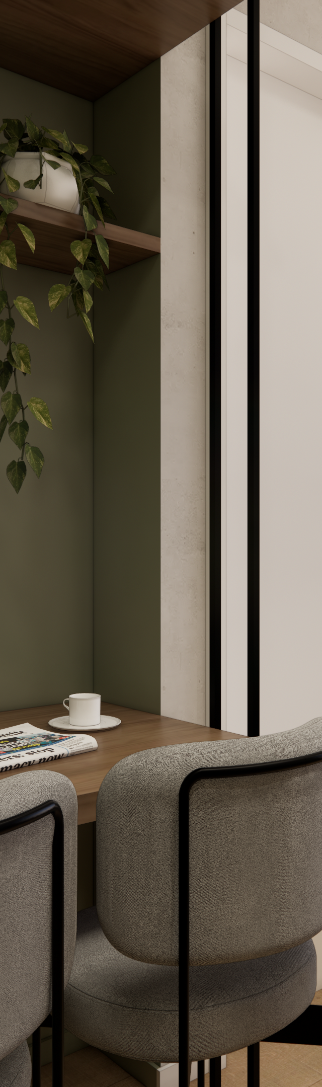 Render 3D de sala Vibe Vila Olímpia com mesa de madeira, cadeiras cinza, marcenaria verde e rack para TV iluminado