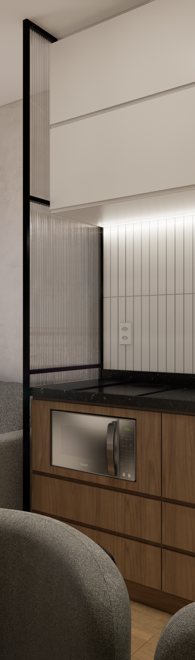 Render 3D de apartamento moderno em Vila Olímpia com cozinha em madeira, bancada preta, sofá cinza e varanda integrada