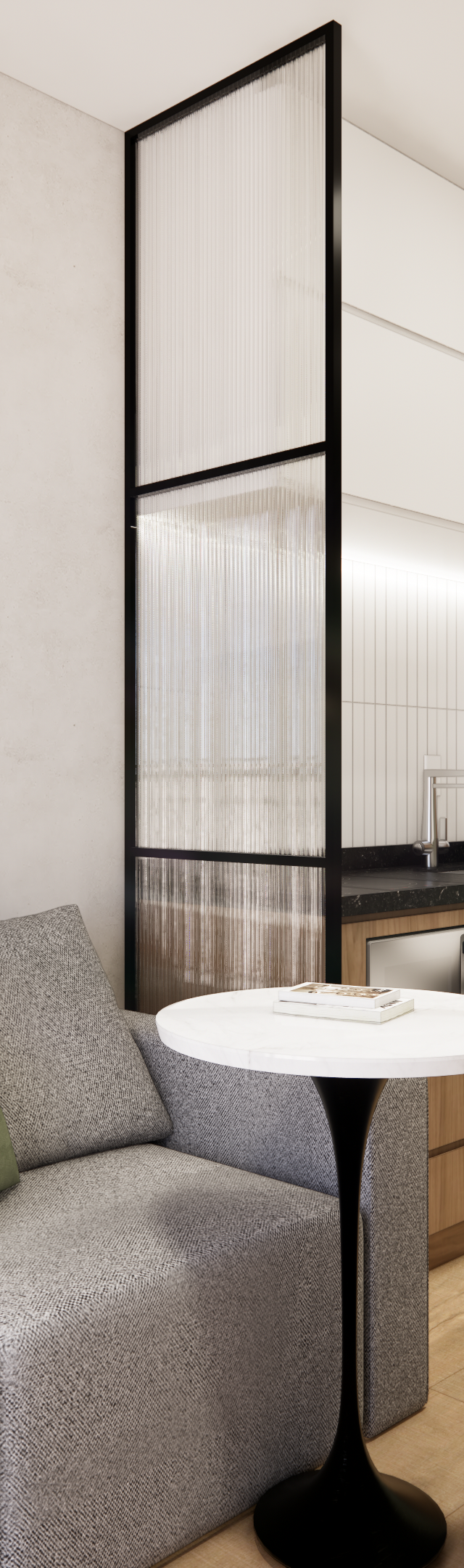 Render 3D de sala e cozinha integradas, tons de verde, madeira e cinza, divisória de vidro canelado e iluminação direta