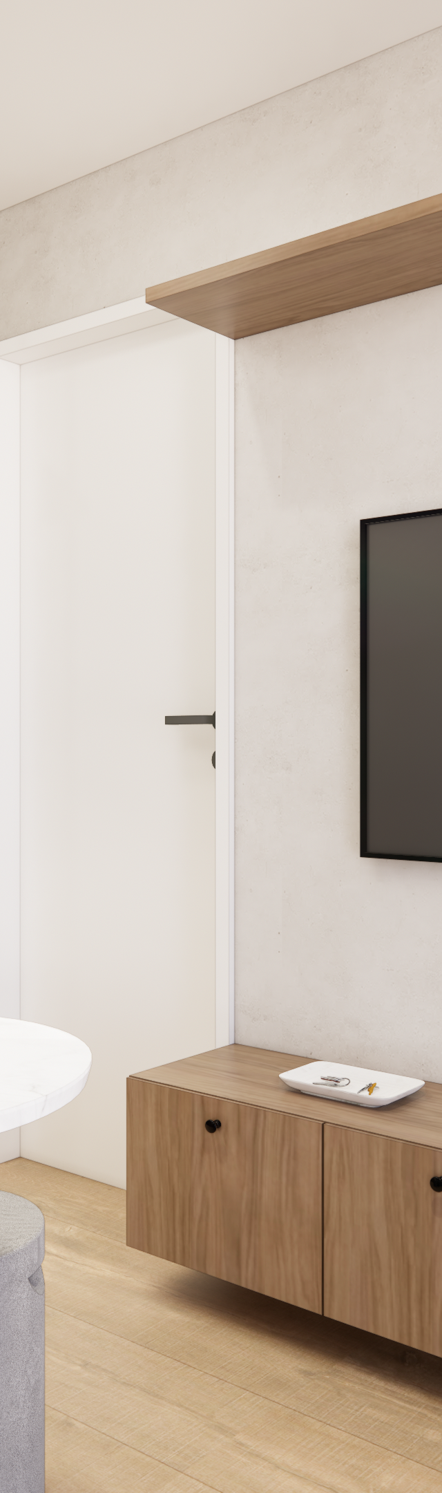 Render 3D de sala em tons de verde e madeira, com rack suspenso, mesa redonda de mármore e área de trabalho integrada