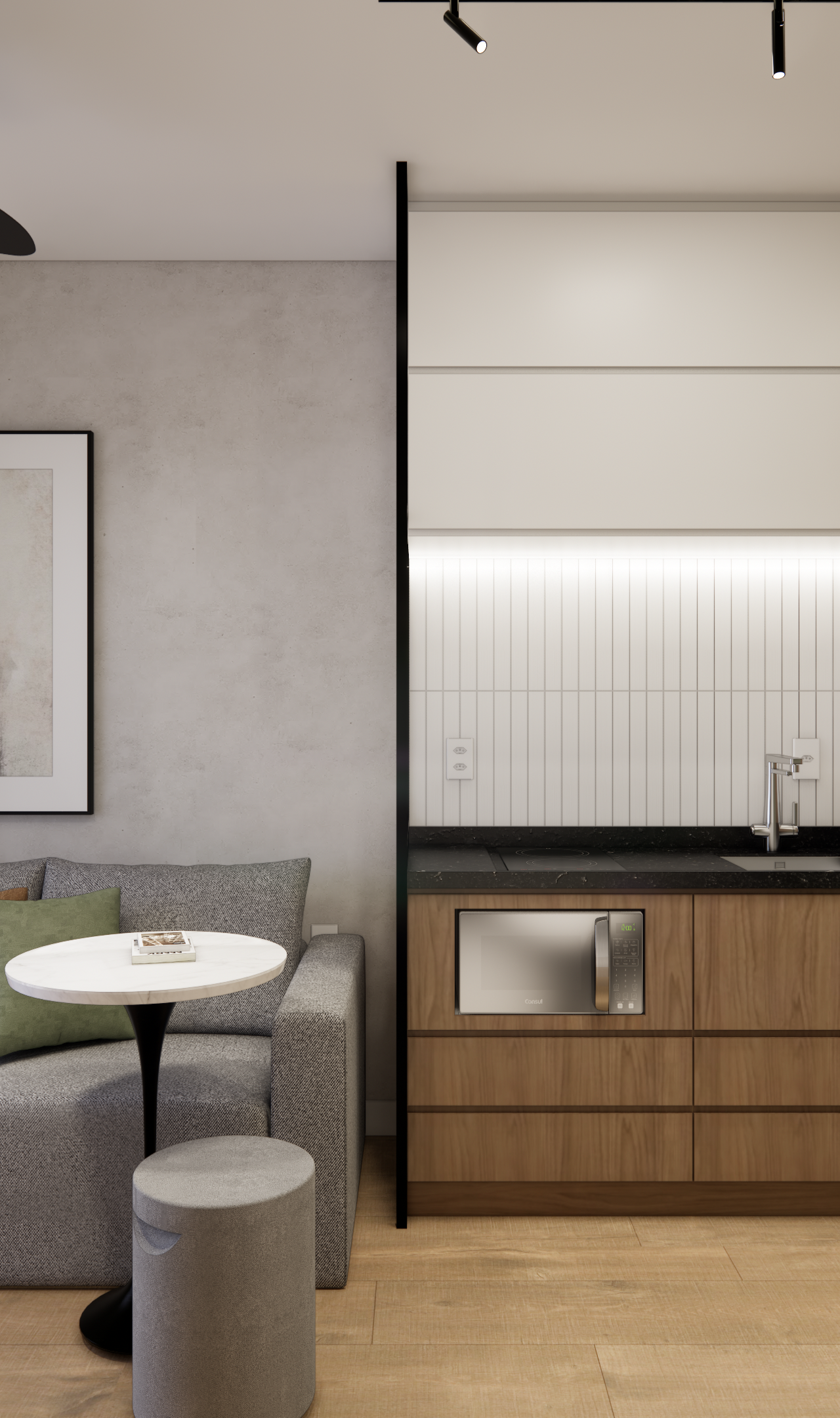 Render 3D de sala e cozinha integradas, tons verdes, madeira e cinza, iluminação embutida e mobiliário planejado moderno