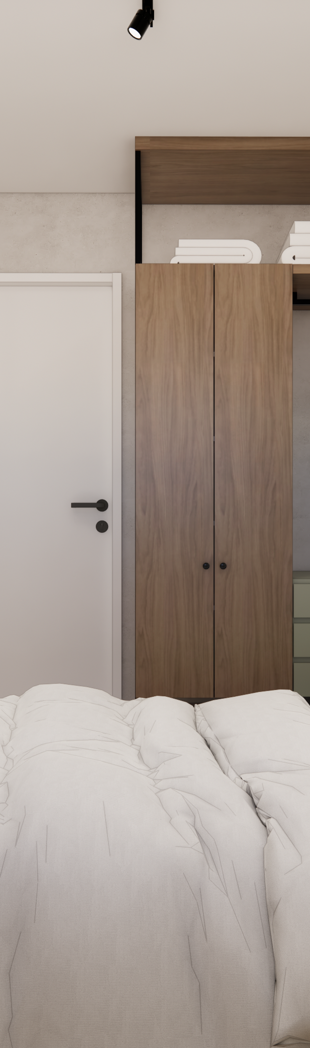 Render 3D de quarto no VIBE Vila Olímpia com cama, guarda-roupa em madeira e verde, paredes em tom cimento e tv na parede