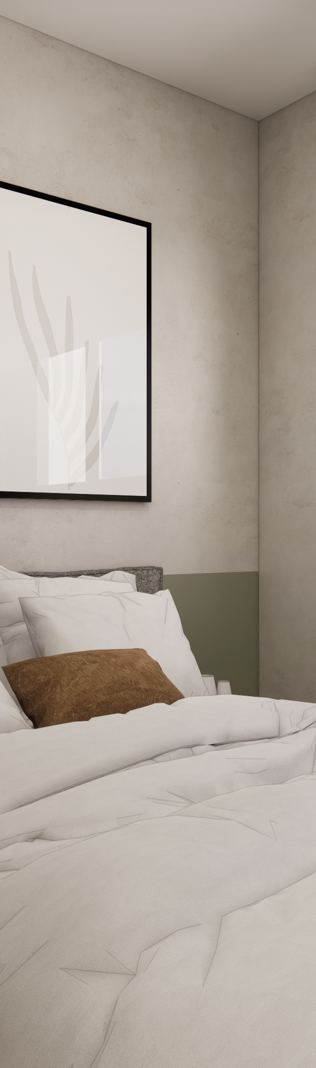 Render 3D de quarto com parede em cimento queimado e detalhe verde, cama com roupa branca, mesa lateral preta e luz natural