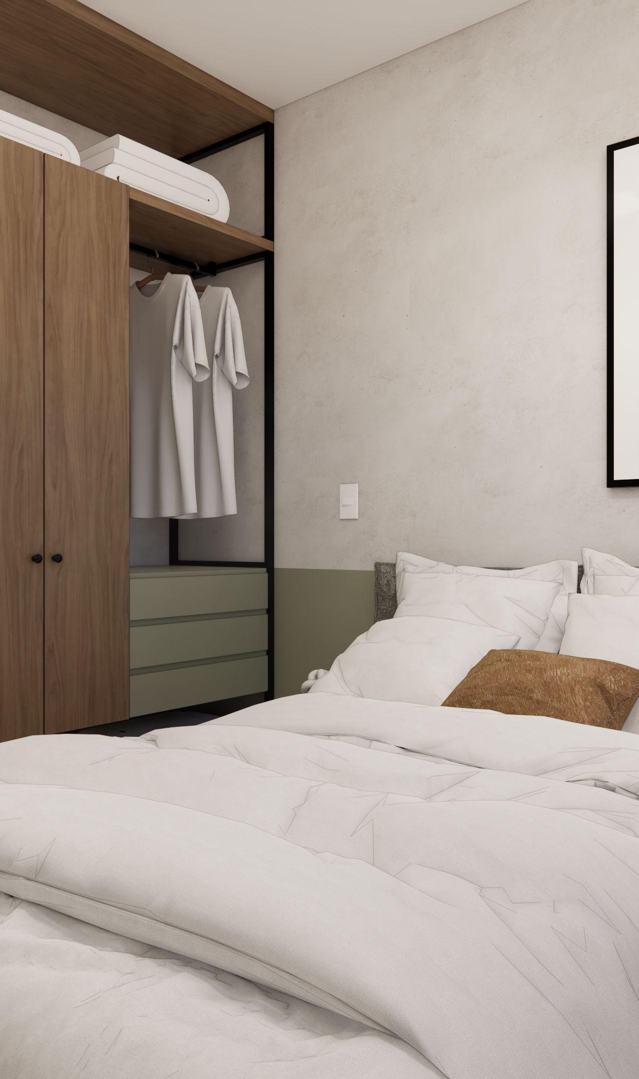 Render 3D de quarto com cama de casal, armário de madeira com estrutura preta, paredes em tom neutro e verde, iluminação suave