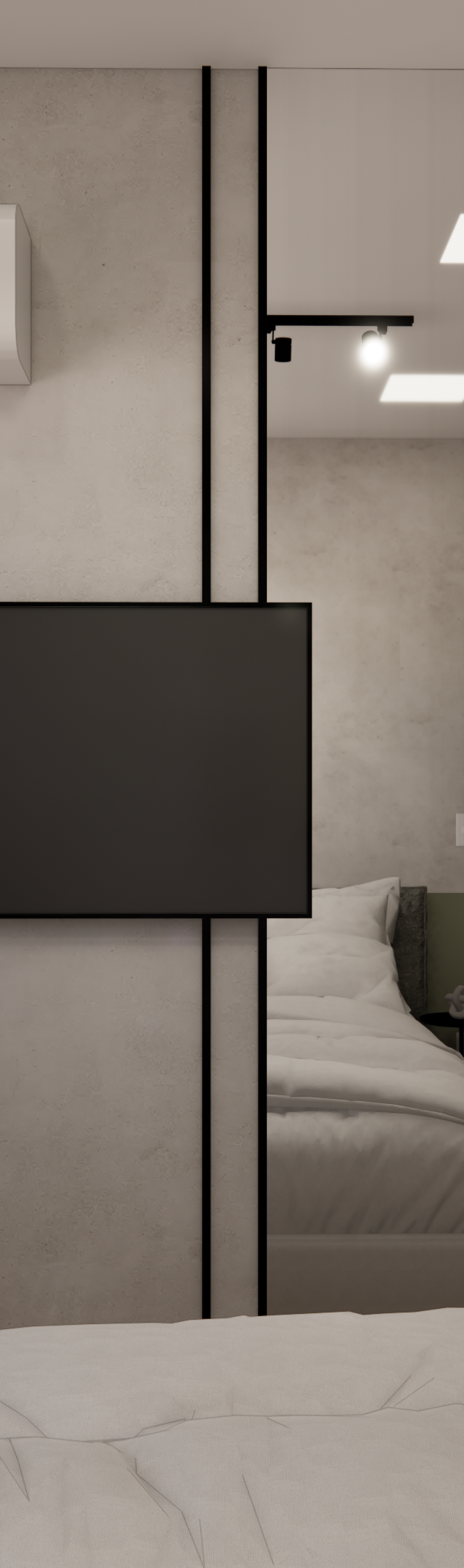 Render 3D quarto minimalista Vila Olímpia com paredes em cimento queimado, TV, espelho, marcenaria e iluminação embutida