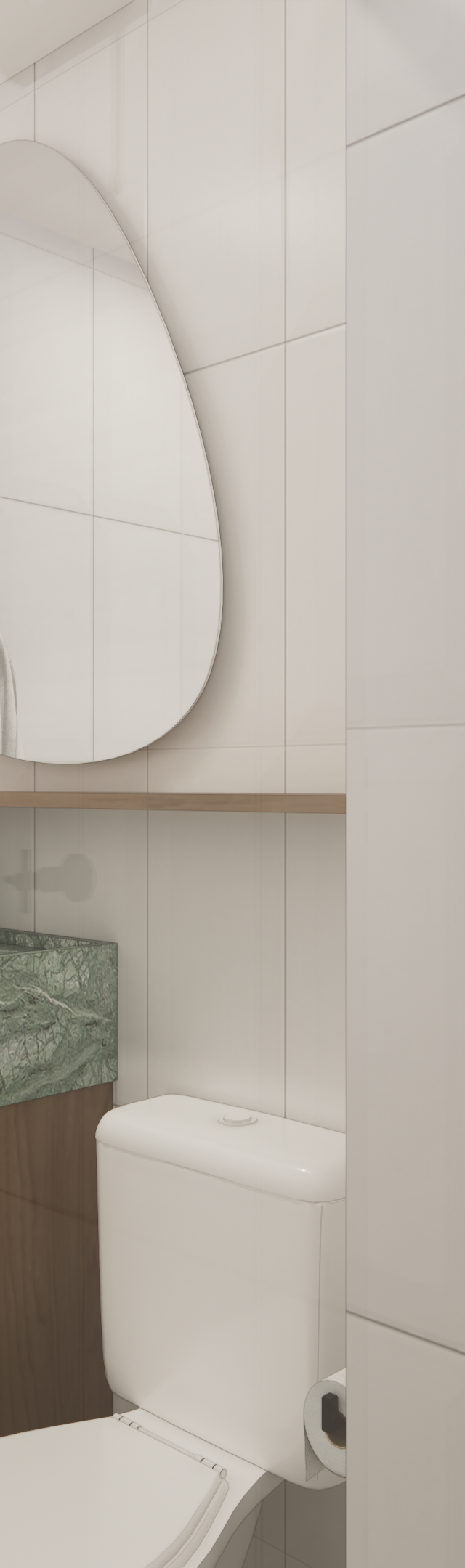 Render 3D de banheiro Vila Olímpia com revestimento branco, cuba de pedra verde, marcenaria amadeirada e espelho orgânico