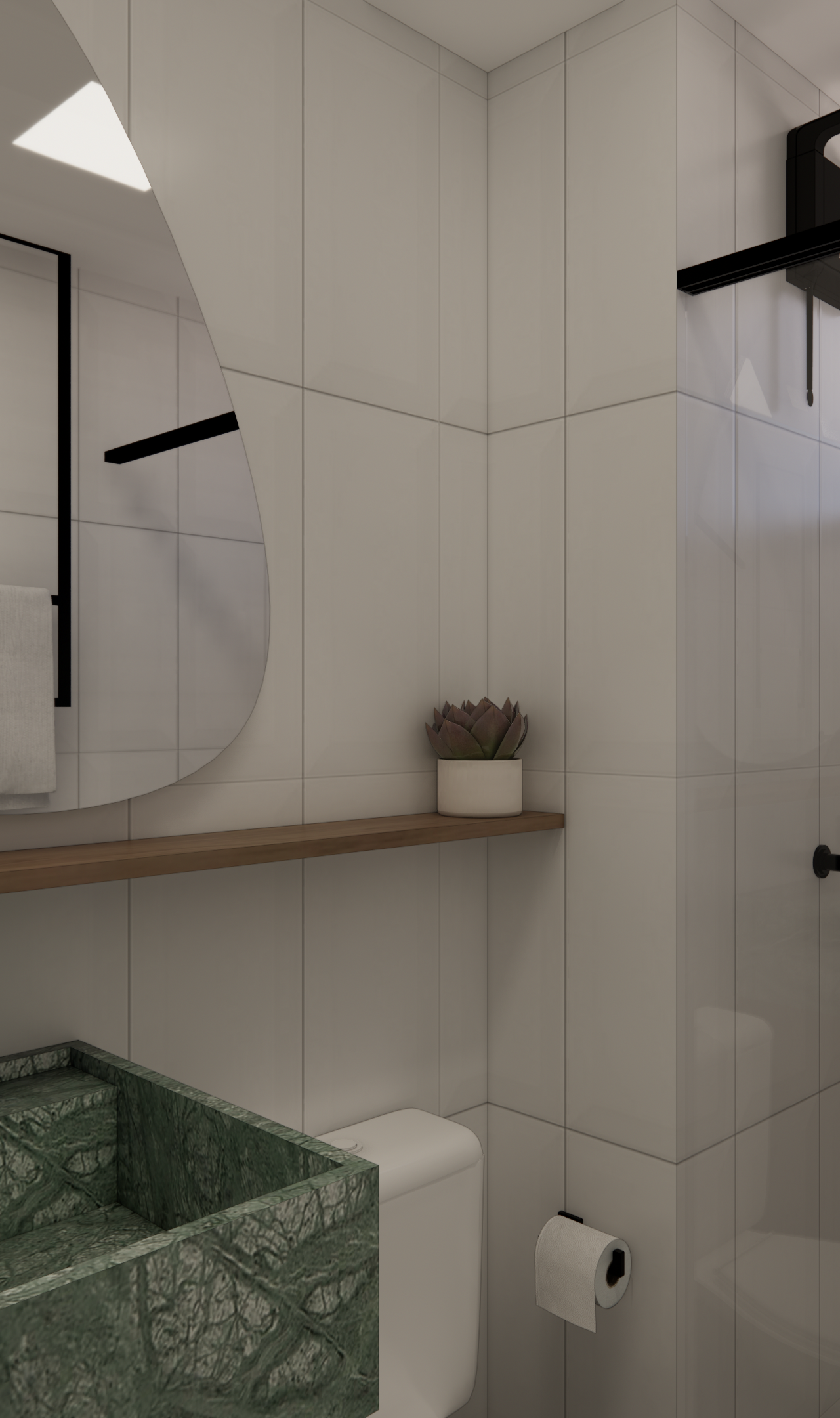 Render 3D de banheiro Vila Olímpia com cuba de pedra verde, metais pretos, espelho orgânico e revestimento claro neutro