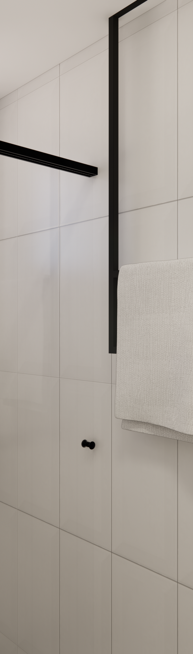 Render 3D de banheiro moderno no Vibe Vila Olímpia com revestimento branco, metais pretos e nicho em pedra escura