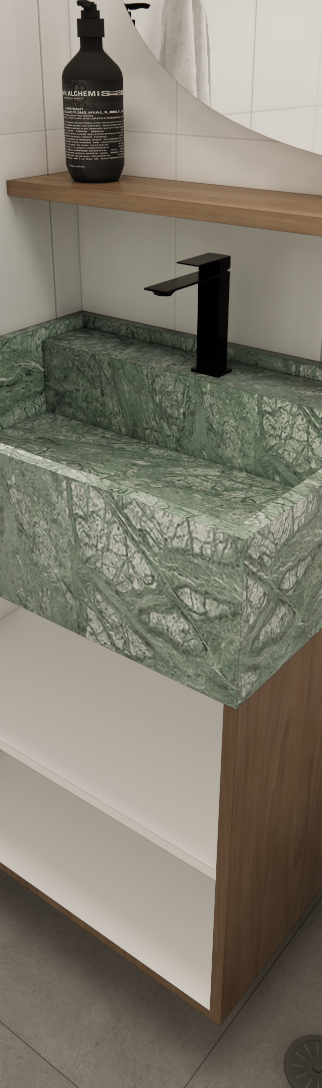 Render 3D de banheiro moderno no Vibe Vila Olímpia com cuba esculpida em pedra verde, gabinete em madeira e metais pretos