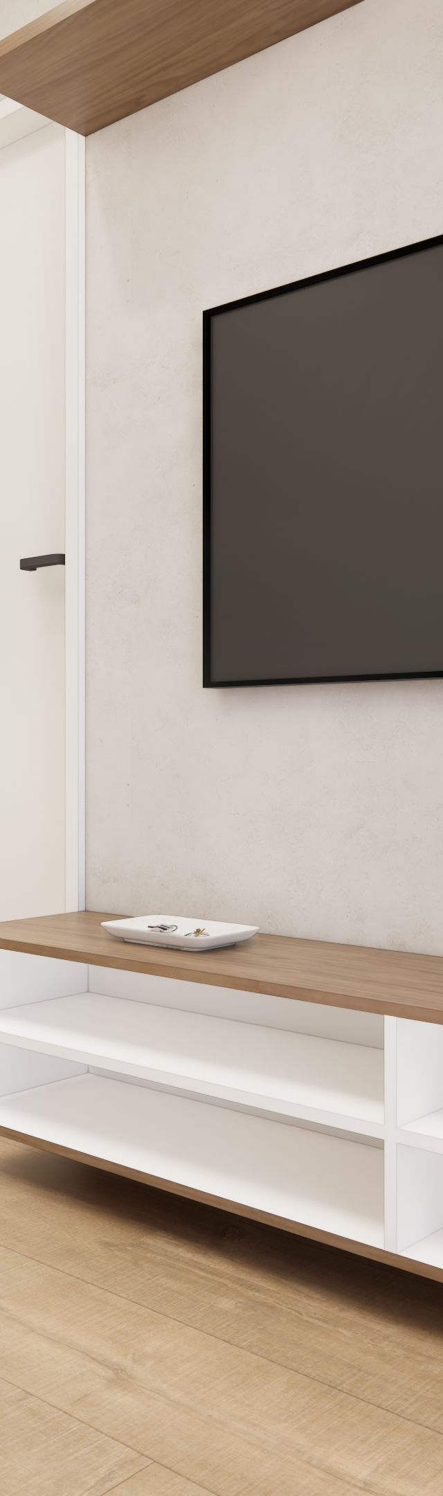 Render 3D de sala com parede verde, painel de TV em concreto, rack em madeira e branca, mesa redonda e piso amadeirado