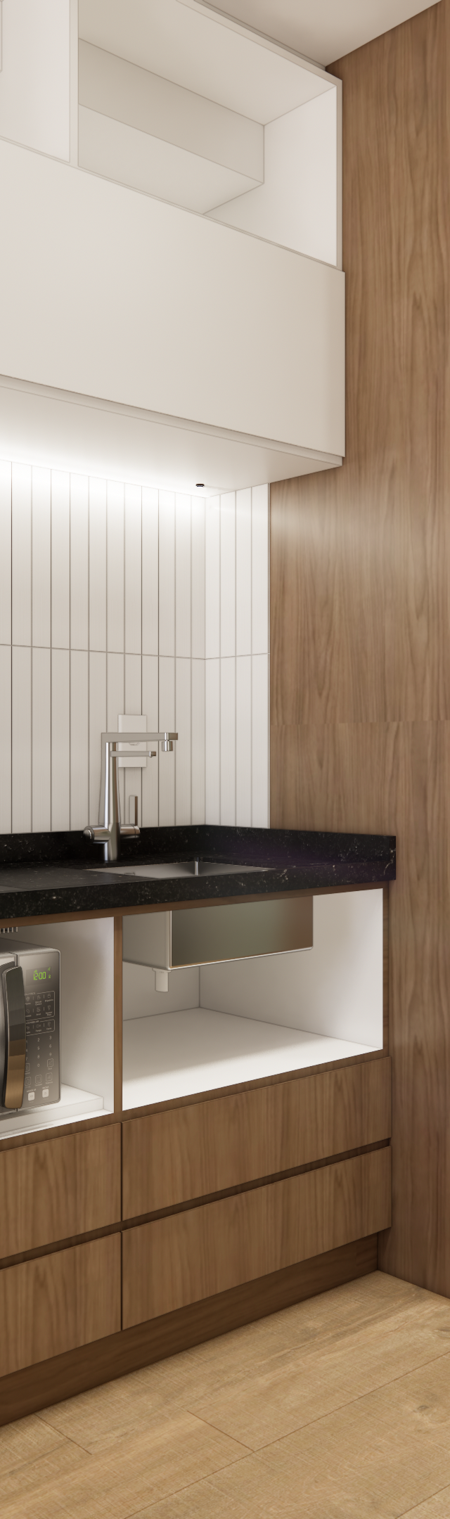 Render 3D de cozinha compacta no Vibe Vila Olimpia com marcenaria em madeira, bancada preta e parede verde pastel