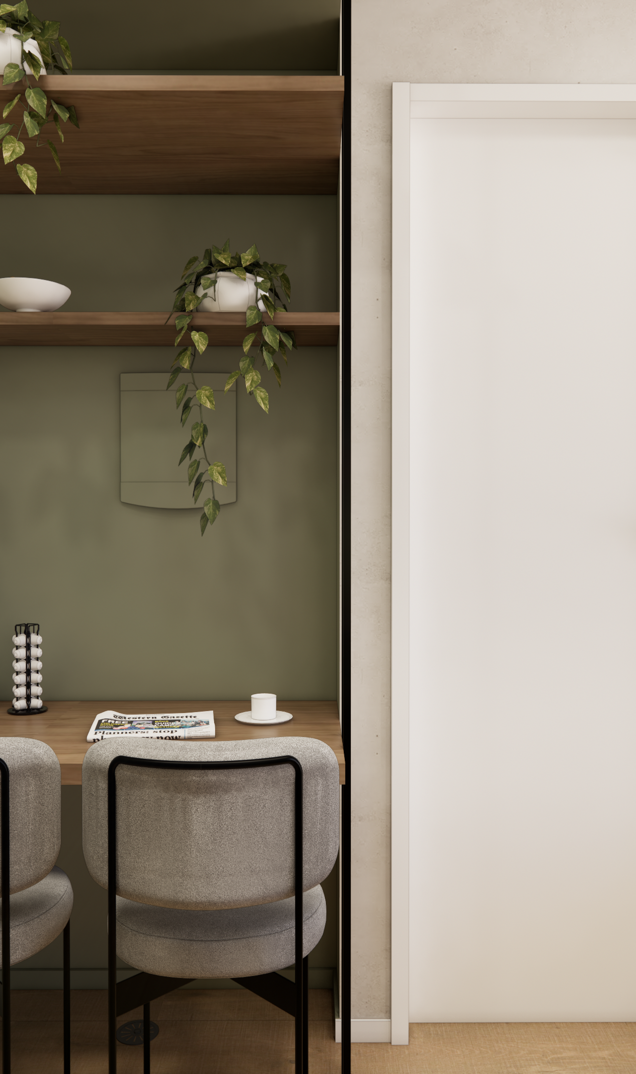 Render 3D de home office em tons de verde e madeira, com nichos, cadeiras cinzas, porta branca e painel de TV integrado