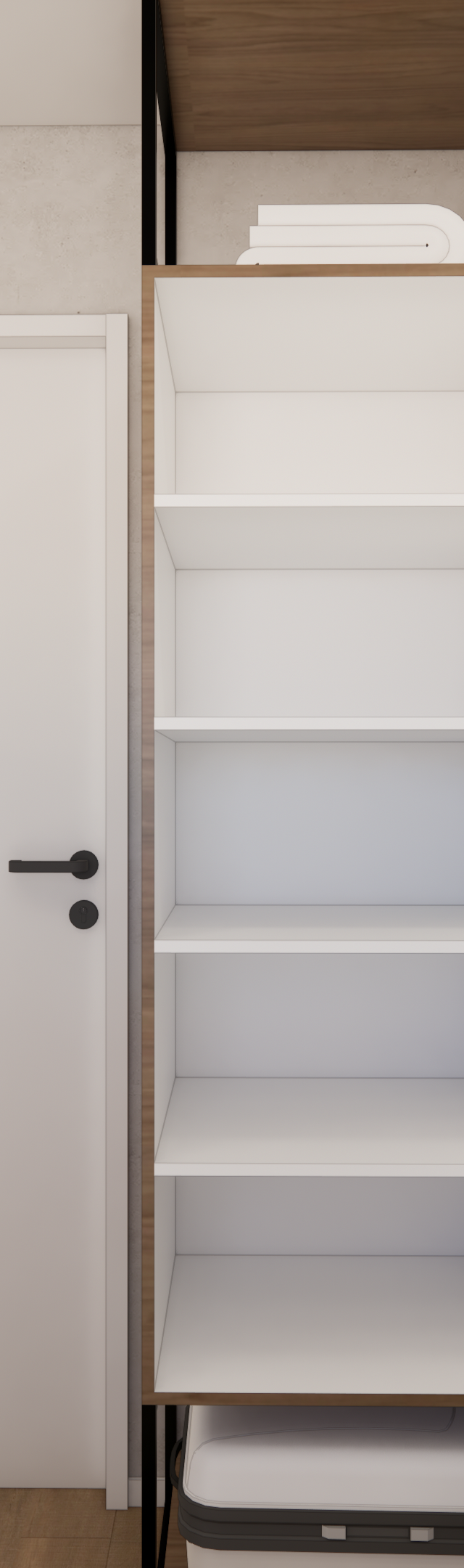 Render 3D de closet aberto com estrutura metálica preta, prateleiras brancas, gavetas verdes e paredes cinza cimento
