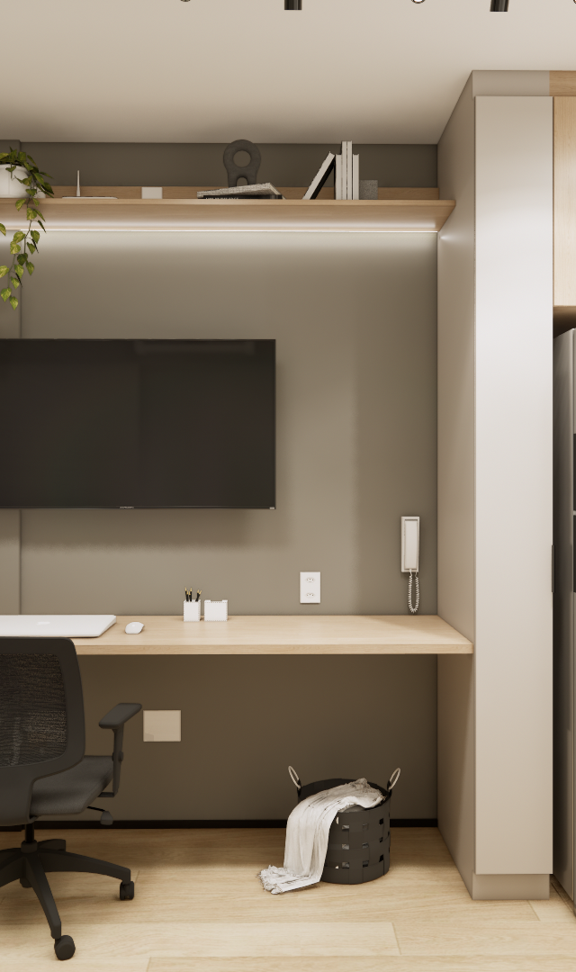 Render 3D YBY URBAN HOME com home office e cozinha integrada, tons neutros, madeira clara e eletrodomésticos inox