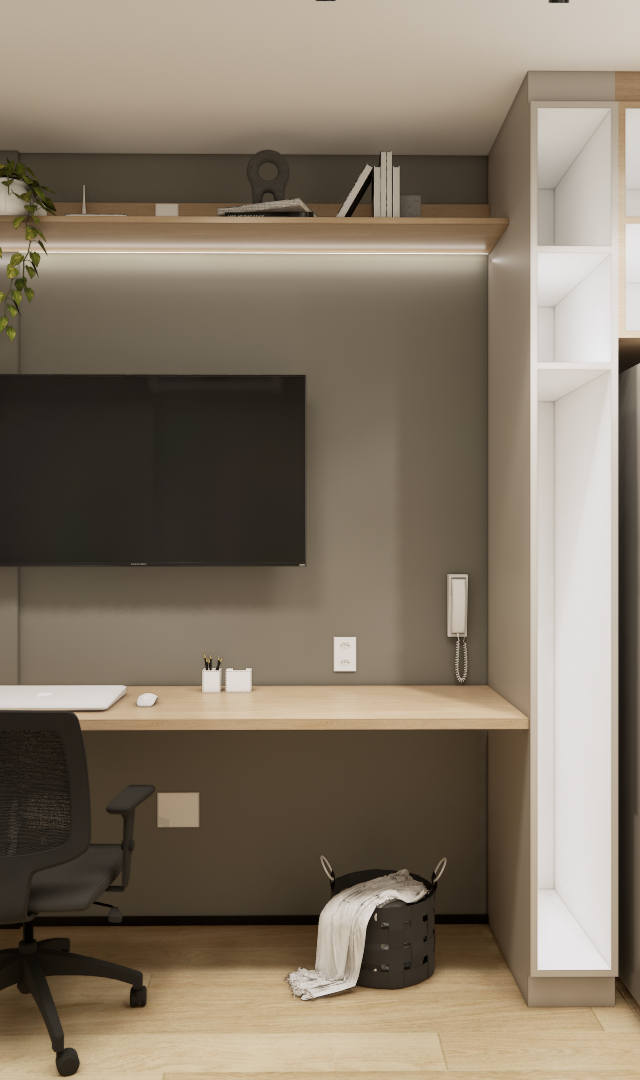 Render 3D do YBY URBAN HOME com marcenaria integrada cinza e madeira, mesa de trabalho, cozinha compacta e iluminação LED