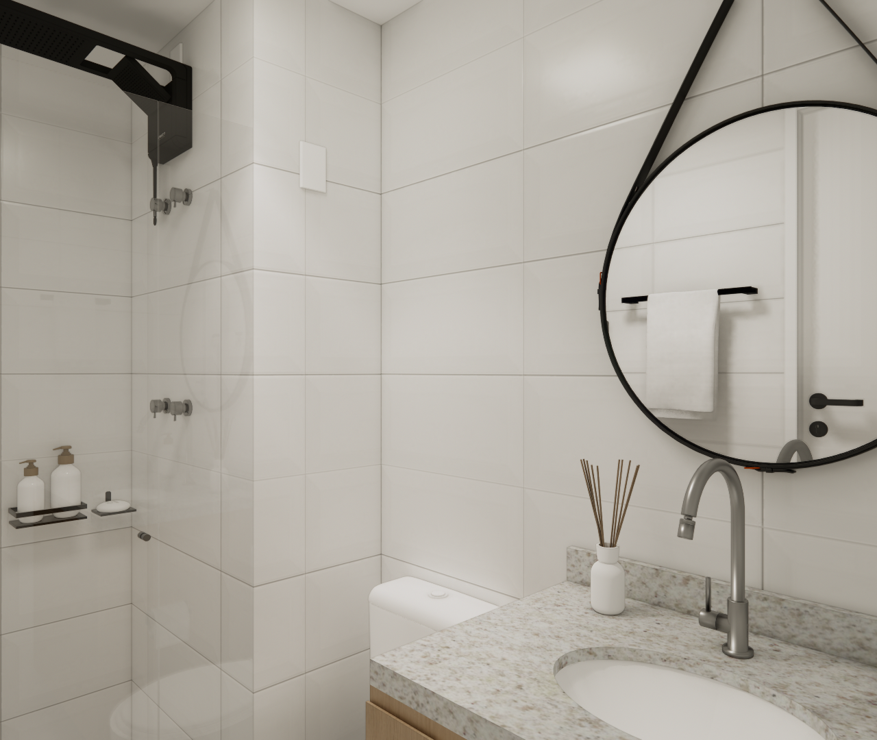 Render 3D YBY URBAN HOME, banheiro com revestimento branco, metais pretos, espelho redondo e bancada em granito cinza