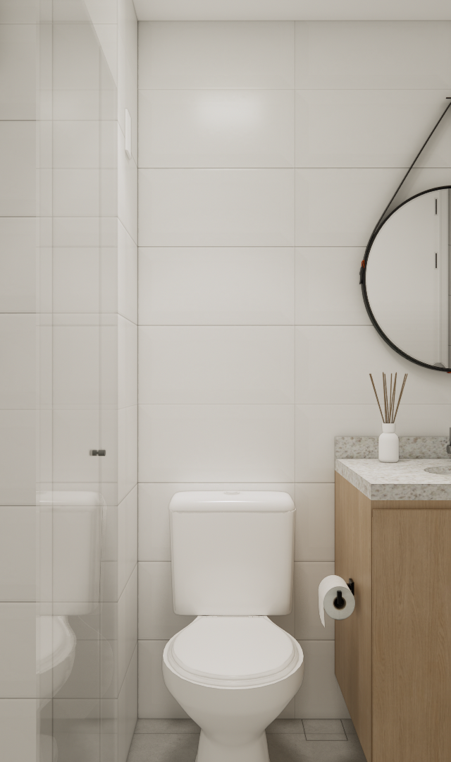Render 3D do banheiro YBY Urban Home com paredes brancas, gabinete em madeira, espelho circular preto e metais cromados