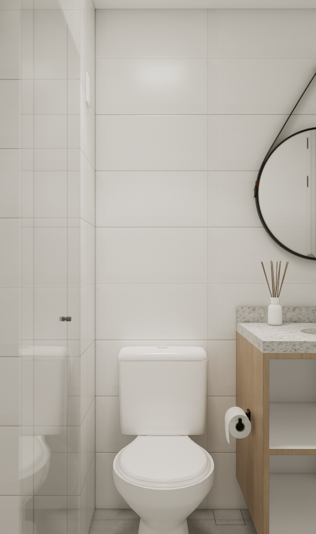 Render 3D do banheiro YBY Urban Home com revestimento branco, marcenaria em madeira, espelho redondo e tons neutros