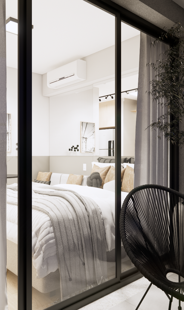 Render 3D YBY URBAN HOME: varanda com poltrona preta e planta, conectada a quarto em tons neutros por porta de vidro