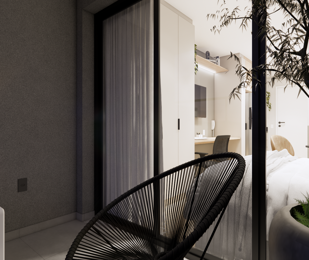 Render 3D do YBY URBAN HOME, varanda com poltrona preta e planta, vista para quarto moderno com iluminação quente e suave