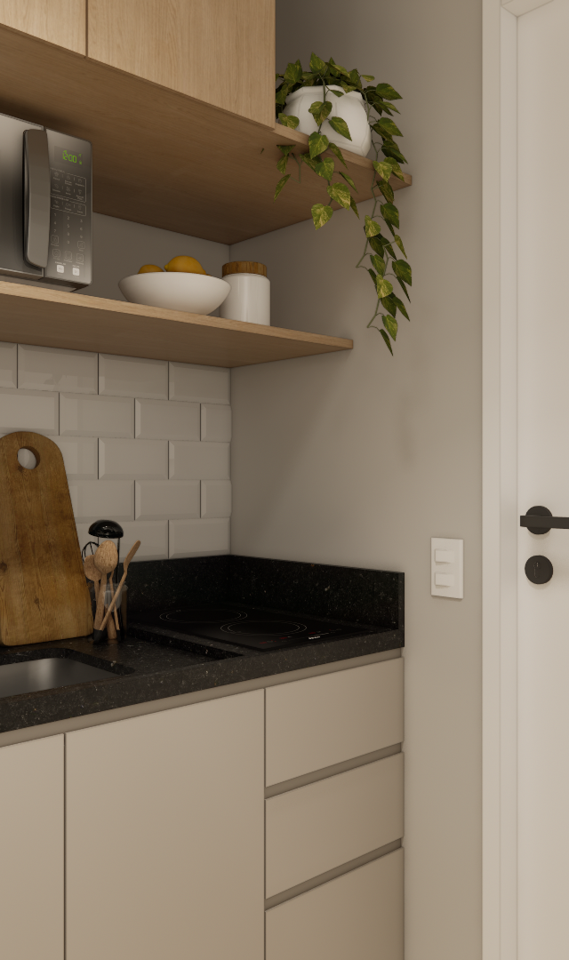 Render 3D de cozinha compacta YBY URBAN HOME, marcenaria em tons claros, bancada preta, azulejos metrô e prateleiras madeira